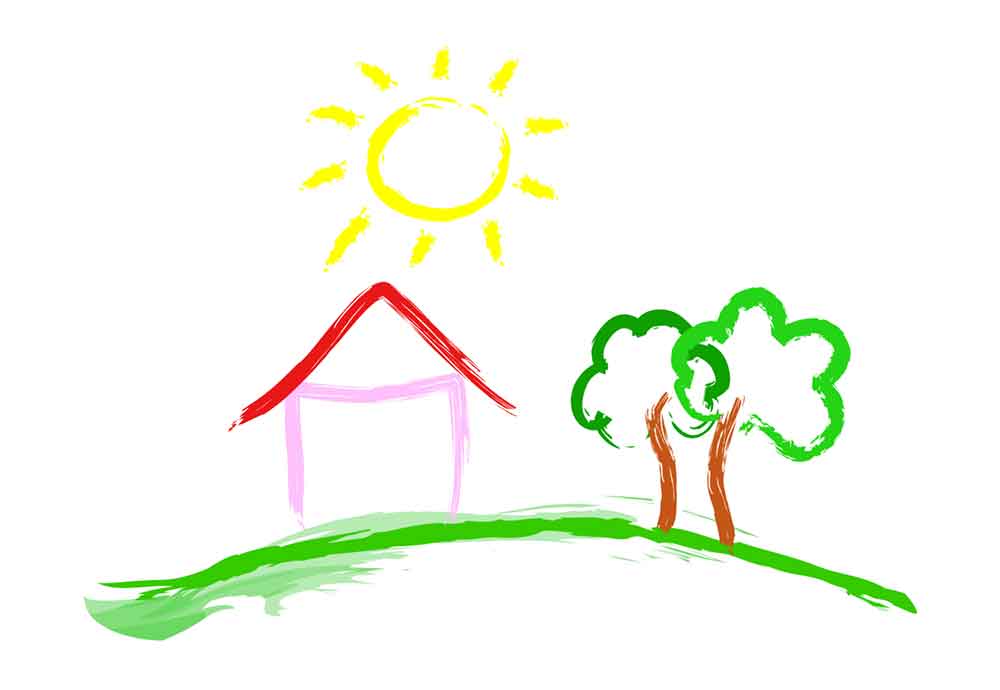 A child's painting of a house and a tree under the sun.